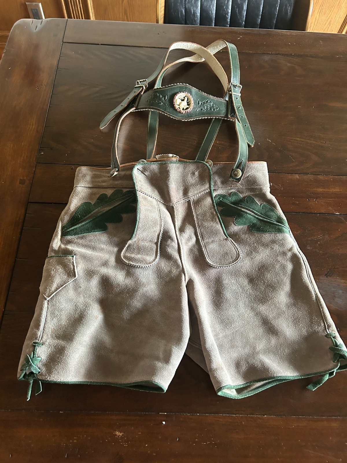 Vintage Leather Lederhosen Tooled Suspenders Carved Medallion 32 in Adult Waist