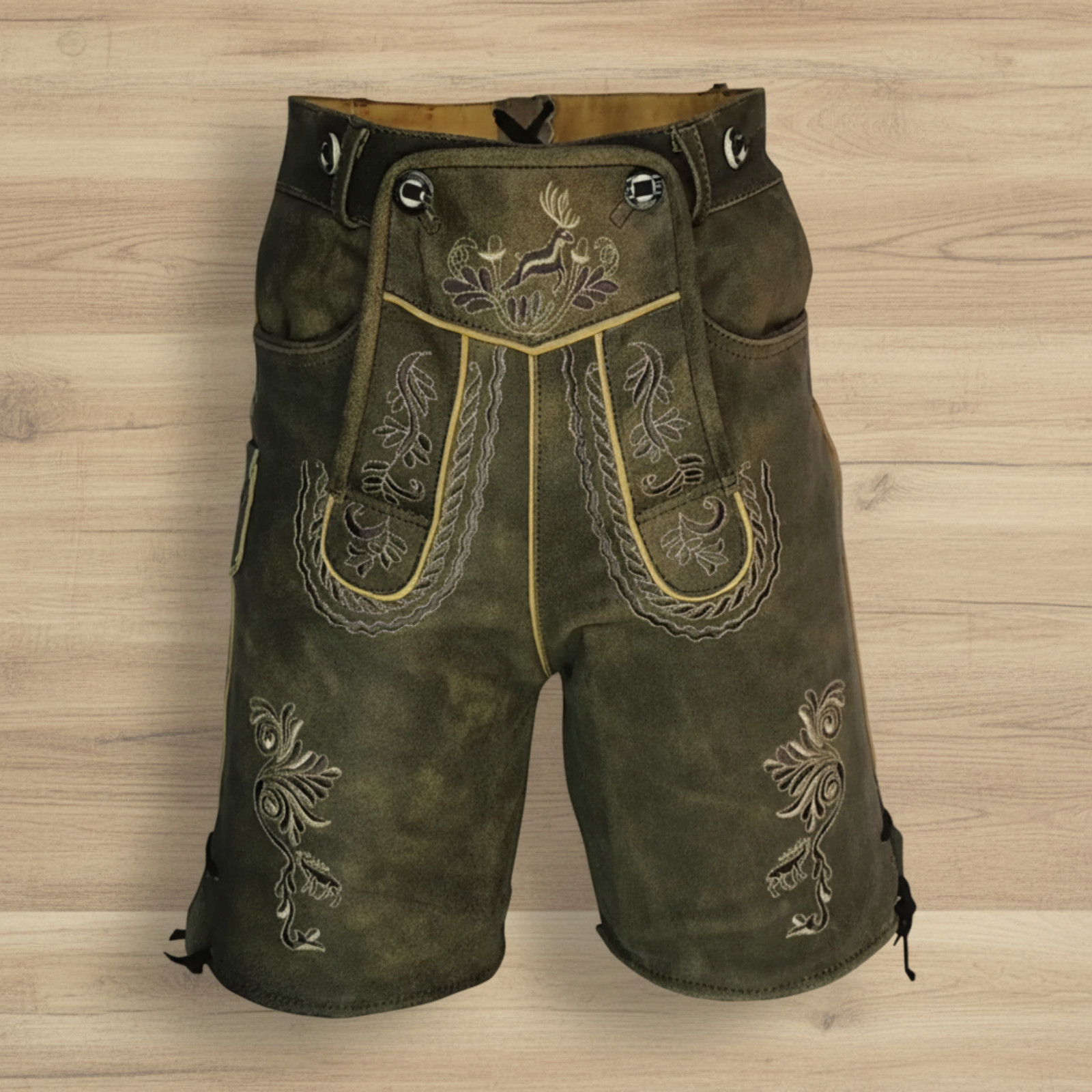 Lederhosen Men Octorberfest Real Suede Leather Olive Beige Antique Distressed