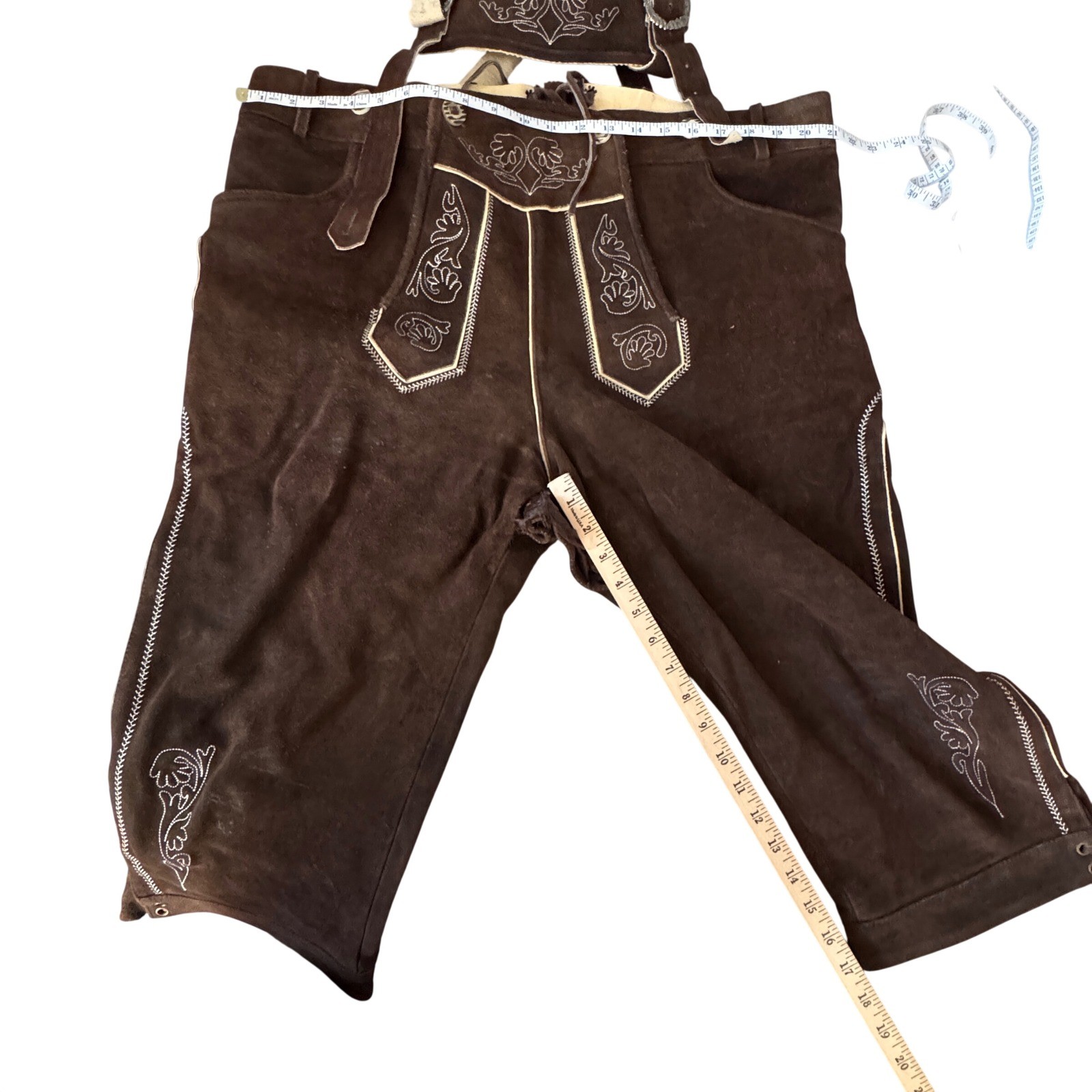 Brown Suede Lederhosen Bavarian German Oktoberfest Suspenders Embroidery 42″