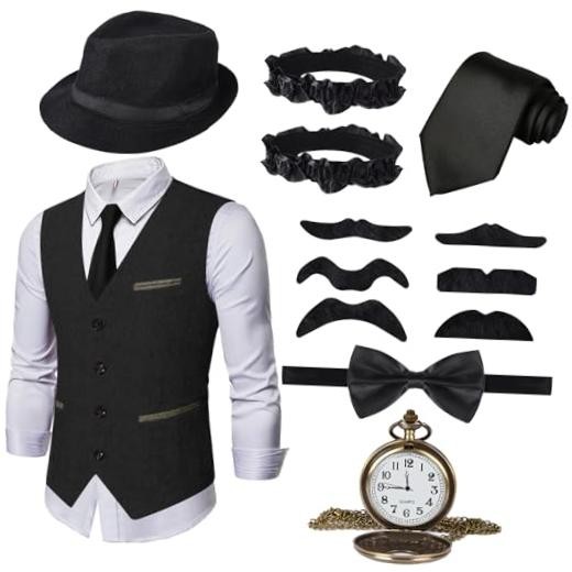 JONRRYIN 1920s Mens Costume Accessories Set, Gangster Costume Medium Black