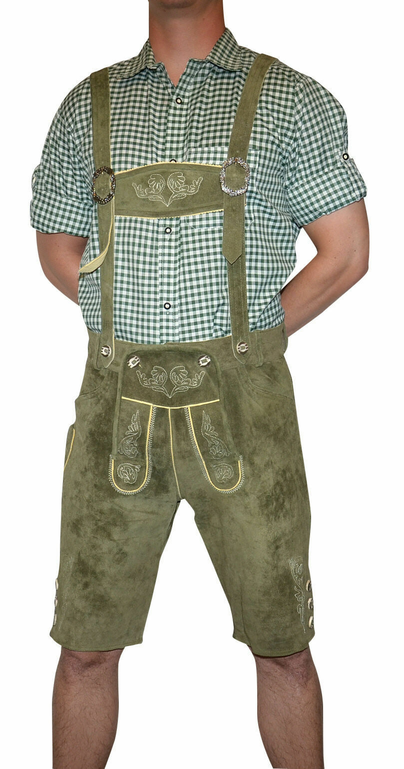 Lederhosen Leather Shorts German Oktoberfest Pants S M L XL 2XL Green EMBROIDERY