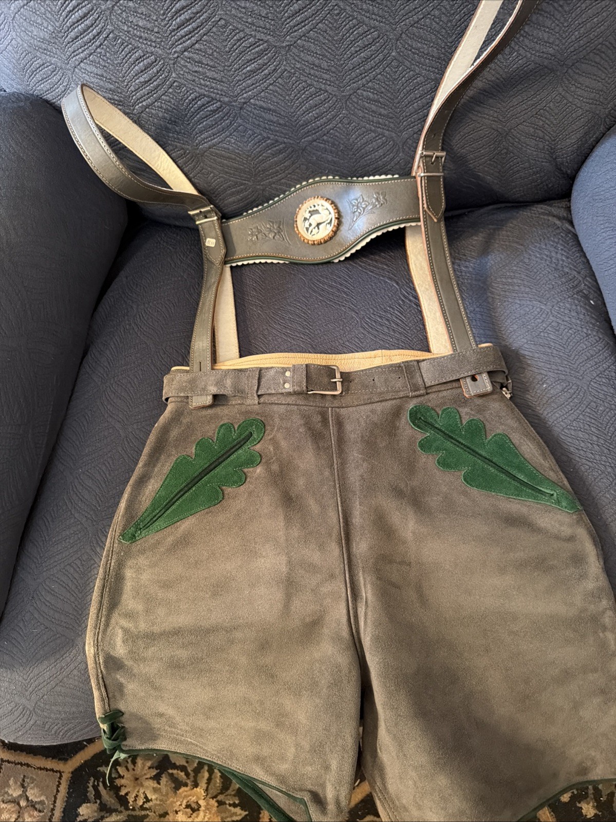 Vintage Lederhosen West Germany Leather Suede Gray Waist 26 Button Suspenders