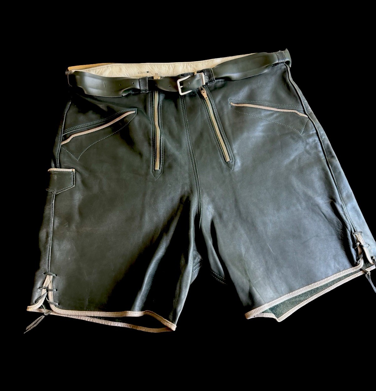 Vintage 60s Lederhosen Scout Germán Shorts Soft Leather Double Zipper Mens 34 W