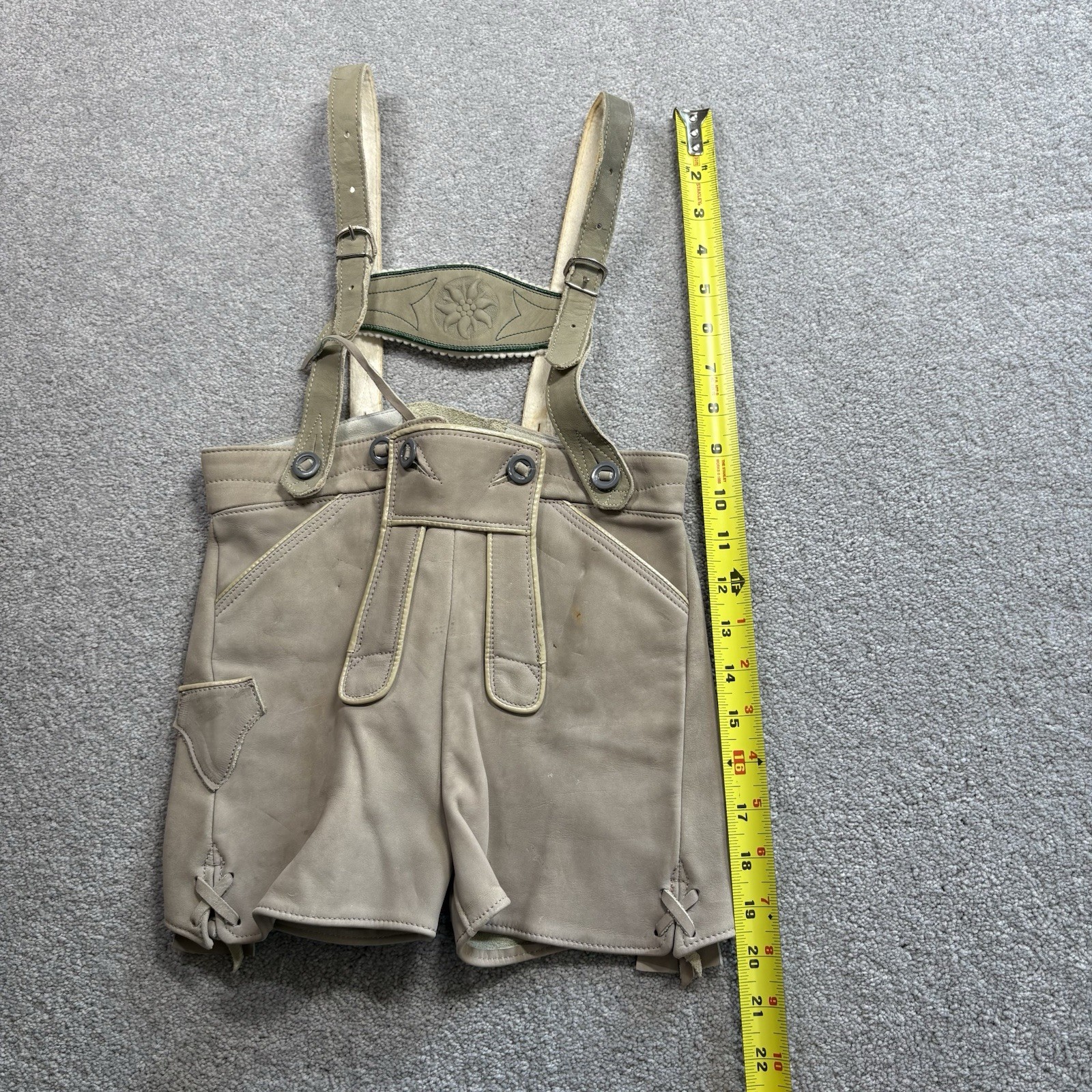 1960s German Lederhosen Leather Suede Overalls KIDS Size 6 Green Gray Embroidery