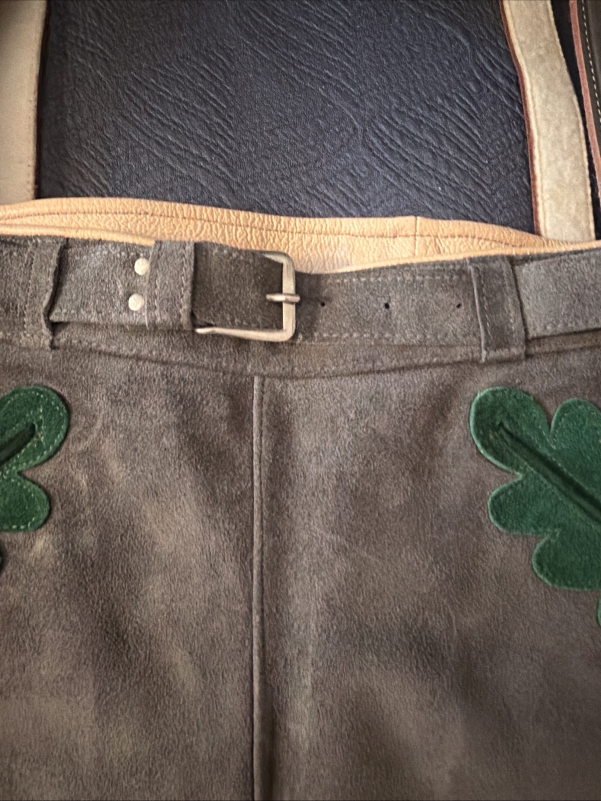 Vintage Lederhosen West Germany Leather Suede Gray Waist 26 Button Suspenders