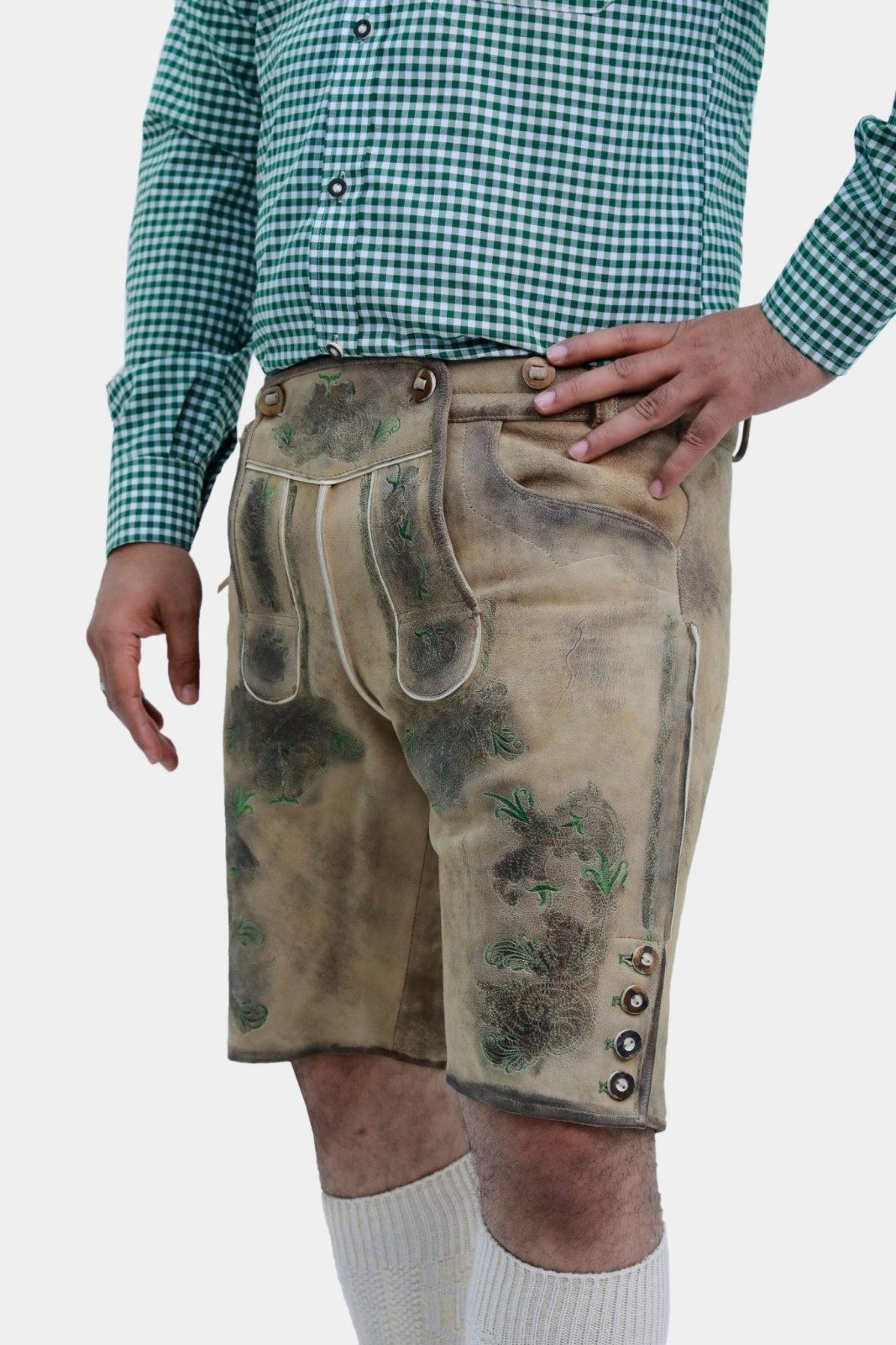 Lederhosen4U Hamburg Walnut Brown Bavarian Leather Deer Embroidery Octoberfest