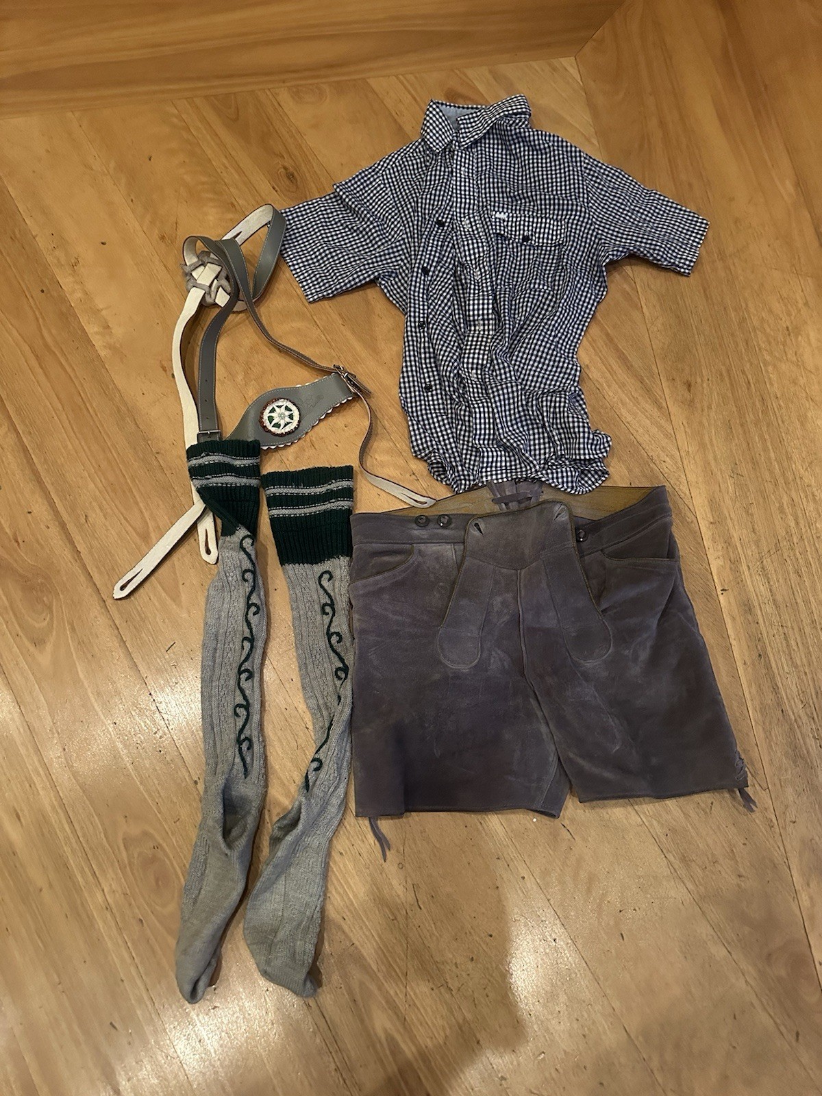 Leather Lederhosen Oktoberfest Set Shirt suspenders socks all made Germany