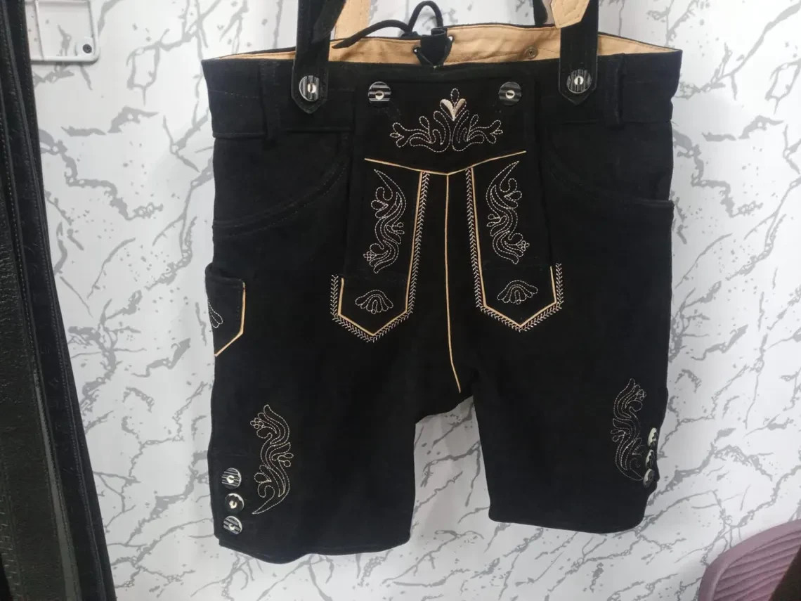 Men’s Authentic Real Suede Lederhosen Embroidered Suspenders Oktoberfest Costume