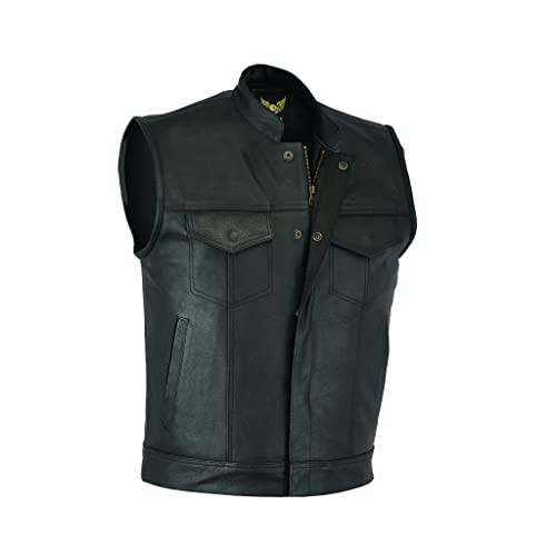 Mens Leather Motorcycle Vest | SOA Club Style 3X-Large Black (With Collar)