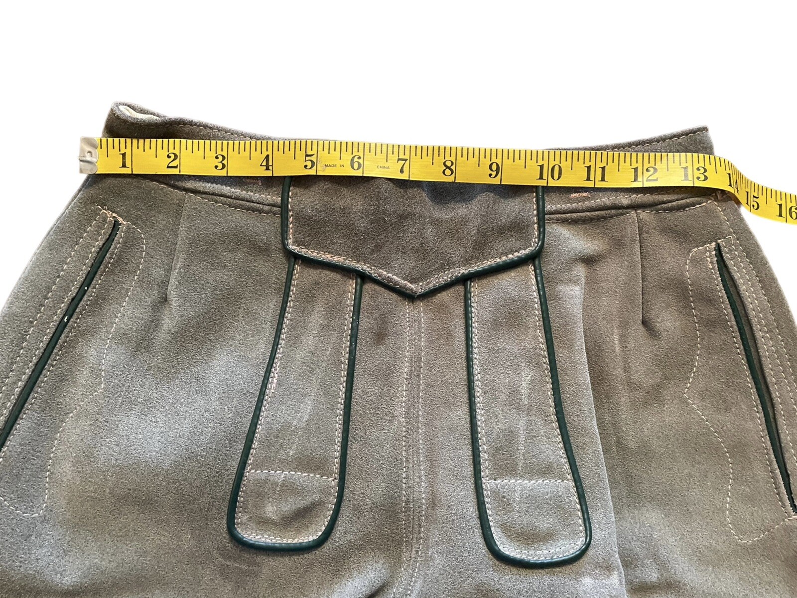Vintage Lederhosen Gray & Green Leather Shorts EU Size 30 Oktoberfest Austria