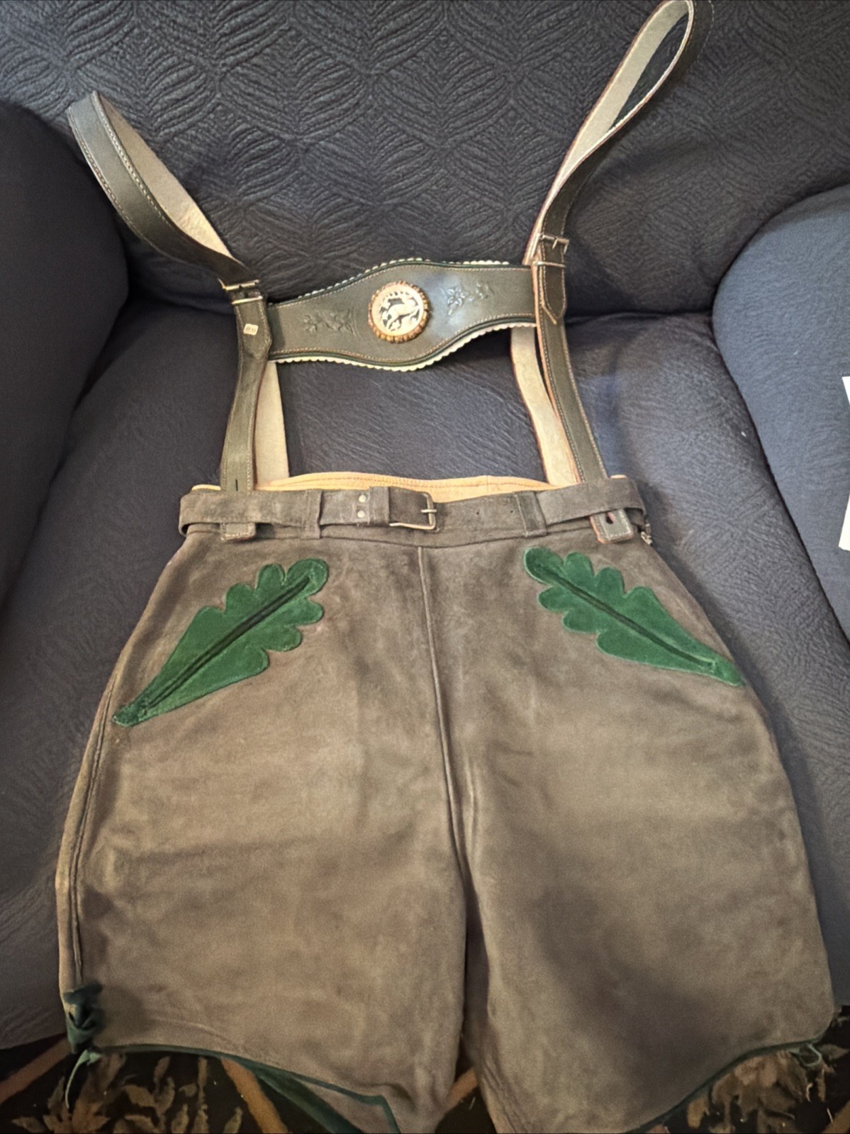 Vintage Lederhosen West Germany Leather Suede Gray Waist 26 Button Suspenders