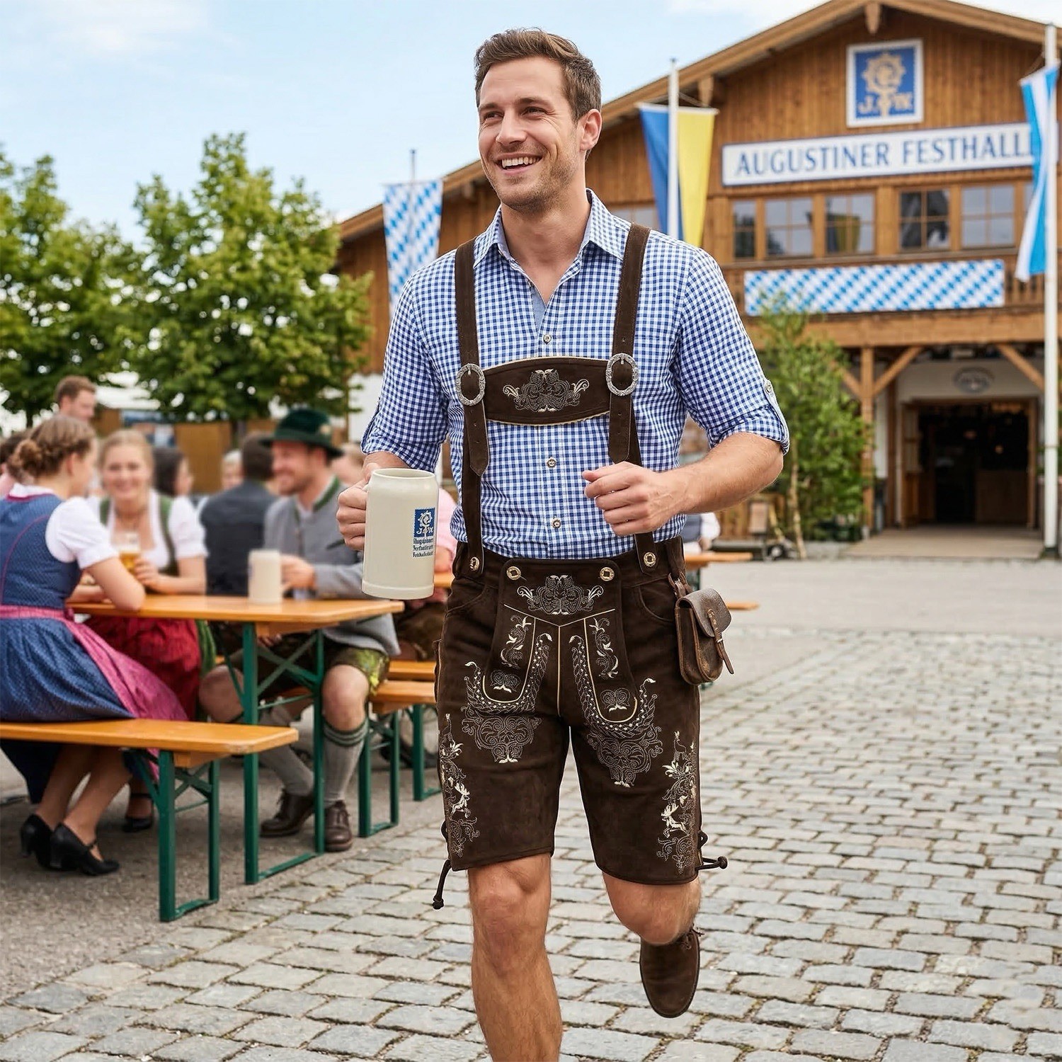 Men Traditional Leather Oktoberfest Lederhosen (Brown, Black, Gold, Med Brown)