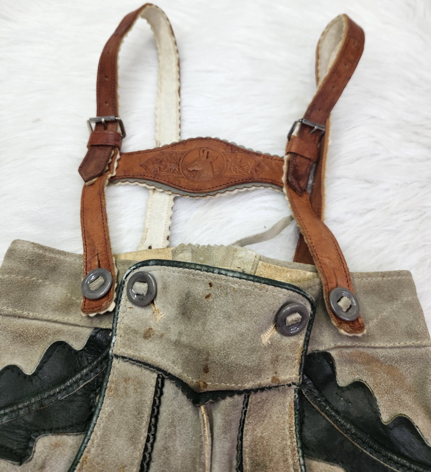 VTG German Lederhosen Child Shorts Suspender authentic Suede Leather Oktoberfest