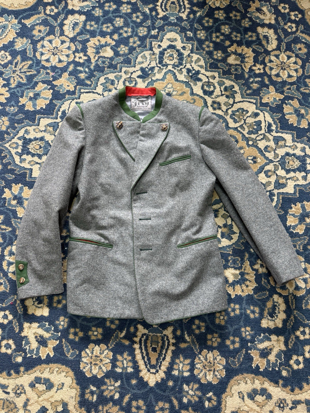 Frey Munchen Men’s German Lodenfabrik Jacket Gray with Green Trim Classic Style