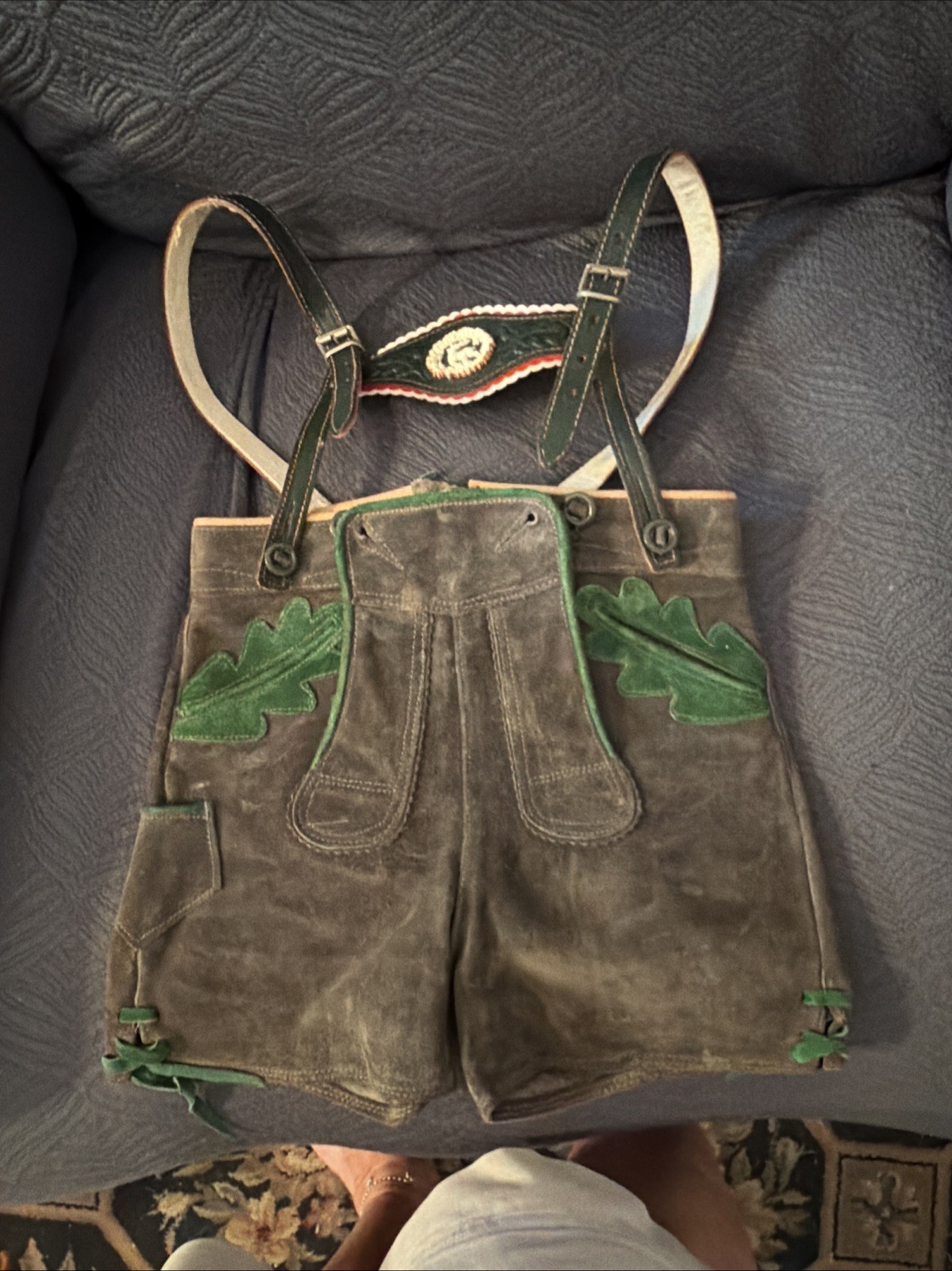 Vintage Lederhosen West Germany Leather Suede Gray Waist 21 Button Suspenders