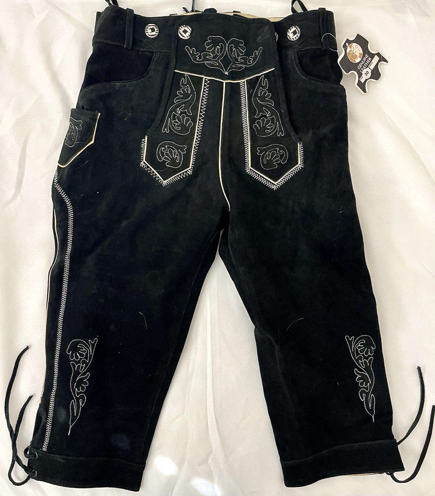 NWT Embroidered Black Suede Authentic Lederhosen Pants Men Women 30W Oktoberfest