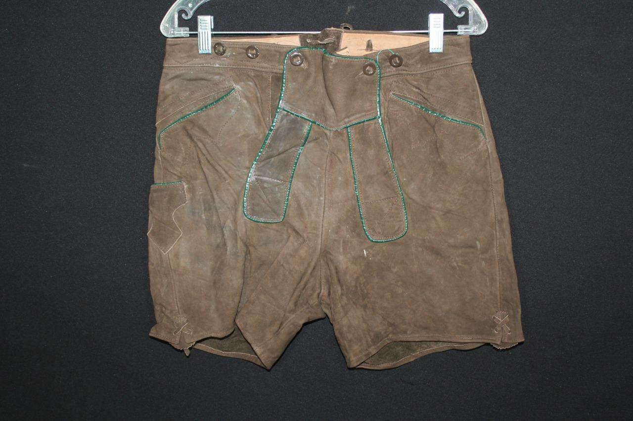 RARE VINTAGE 1960’S BROWN GREEN SUEDE LEDERHOSEN SHORTS SIZE 30″ WAIST