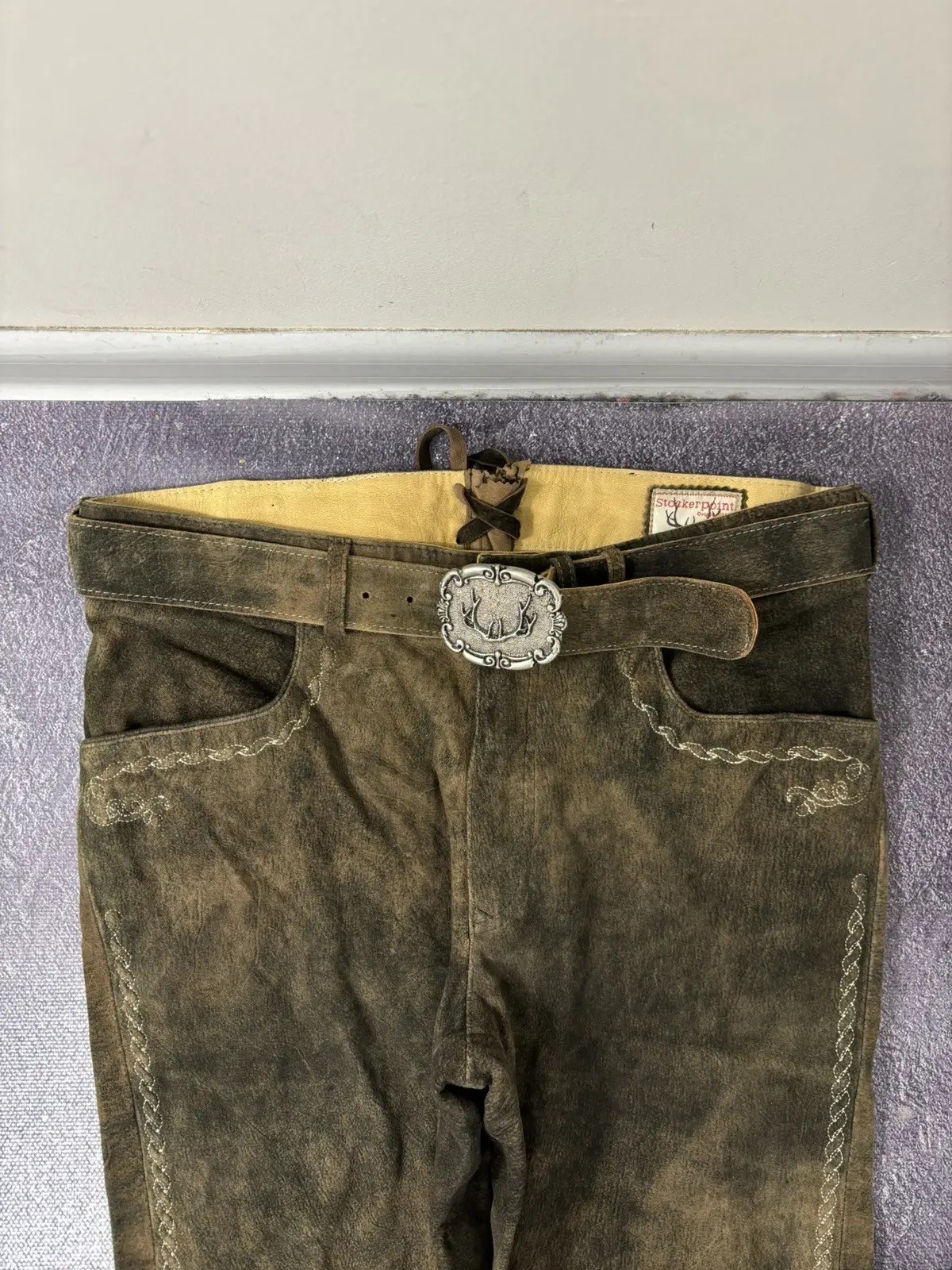 Stockerpoint Lederhosen Rocco Men’s Trachten Brown Leather Pants Belt 50EU/34US