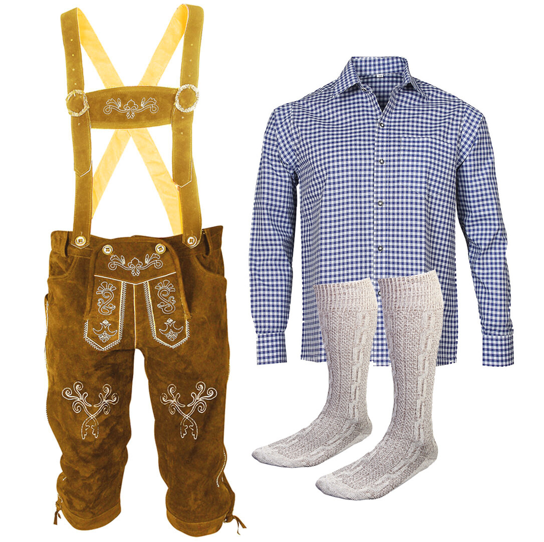 B goods costume set men’s costume leather pants size 46 to 62 blue shirt with socks
