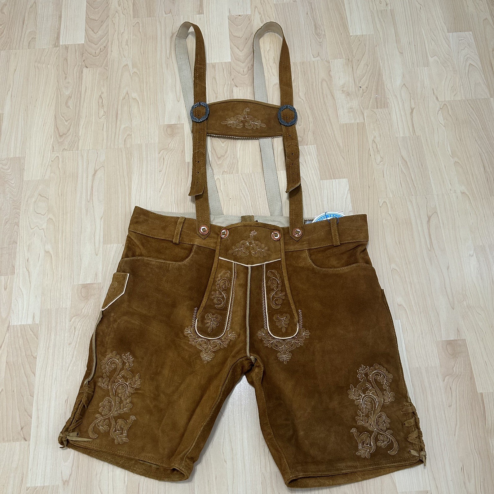 Schonoberger Trachten Couture Lederhosen Brown Suede German Oktoberfest Size 42