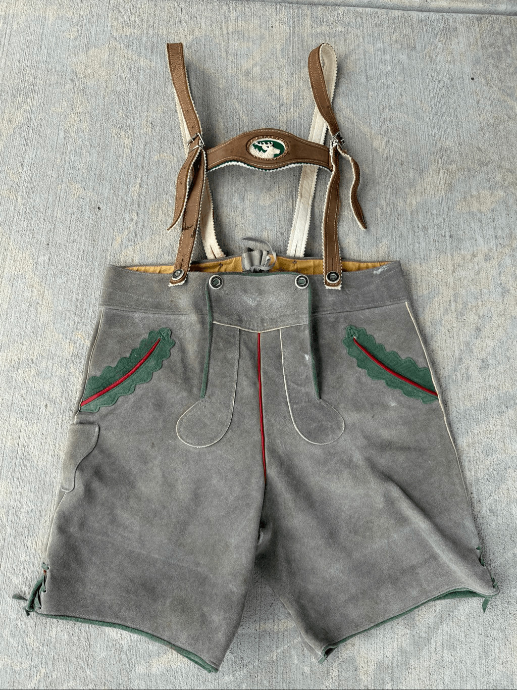 Vintage German Bavarian Lederhosen Gray Suede Leather Shorts with Suspenders