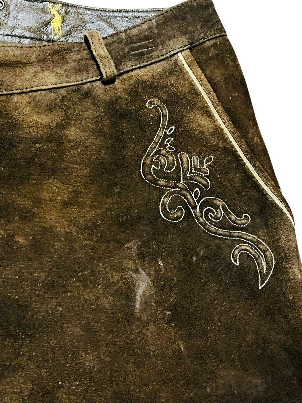 Almsach Mens Lederhosen Pants Brown Leather Oktoberfest Antler Buttons Medium 31