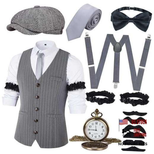 JONRRYIN 1920s Mens Costume Accessories Set, Roaring 20s Costumes Small Grey