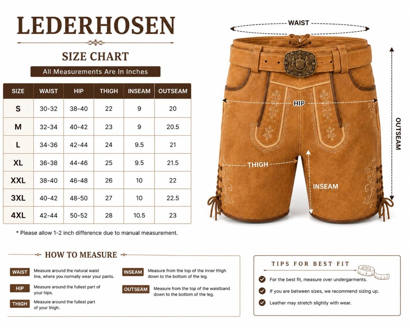 Men’s Tan Leather Lederhosen Shorts with Belt, Traditional German Bavarian Oktob