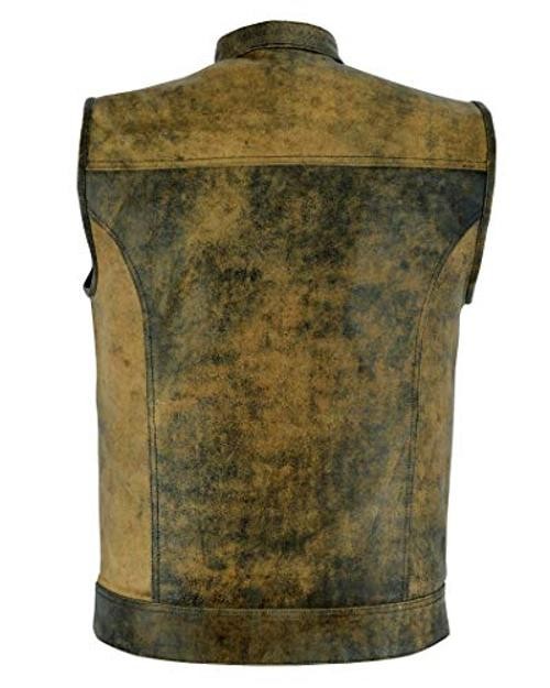 Mens Leather Motorcycle Vest | SOA Club Style Biker Vest Small Distress Brown