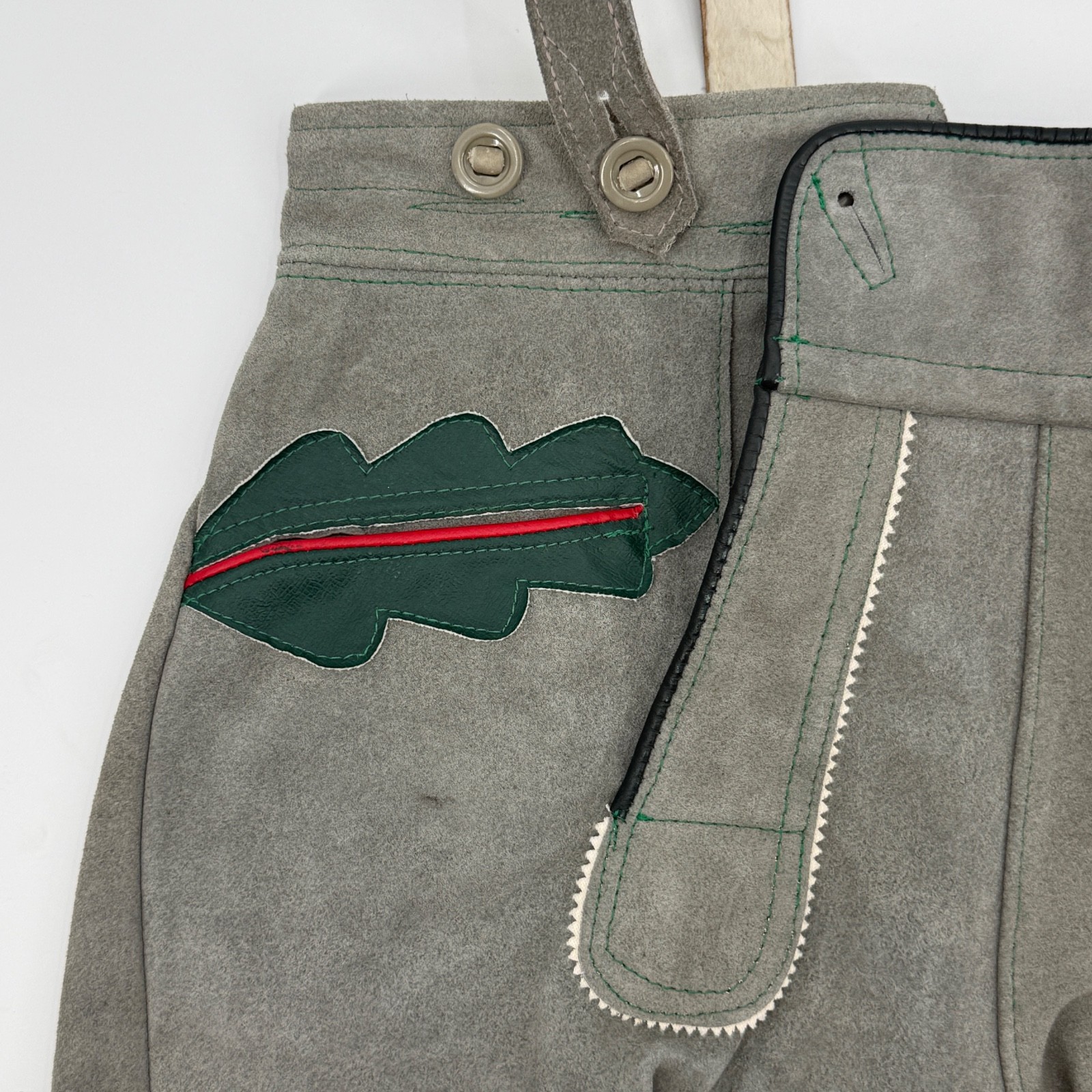 Vintage German Leather Lederhosen Shorts Suspenders Gray Suede Oktoberfest 36D