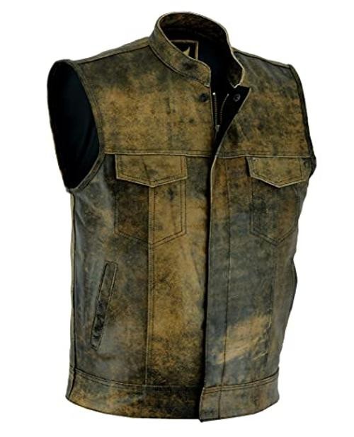 Mens Leather Motorcycle Vest | SOA Club Style Biker Vest Small Distress Brown
